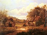 Joseph Thors Landscape with figures outside a thatched cottage painting